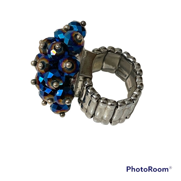 ❤️ Blue Beaded Adjustable Statement Ring - Picture 1 of 4